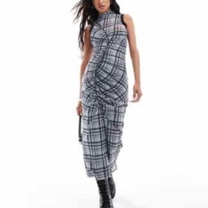 ASOS Black and White Plaid Maxi Dress with High Neck